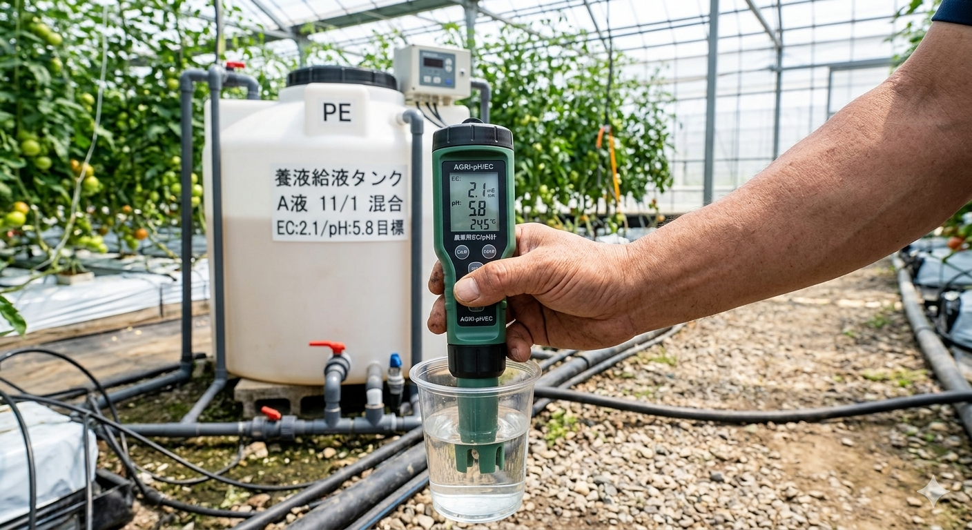 EC・pH計による給液・排液の測定
毎朝の定点測定がEC管理の基本